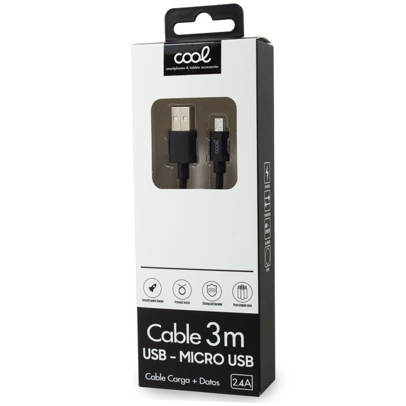 Cable micro-usb Compatible Universal 3 metros Negro 2.4 Amp 6