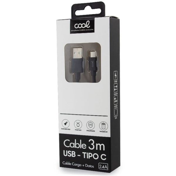 Cable TIPO-C Compatible Universal (3 metros) Negro 2.4 Amp 2